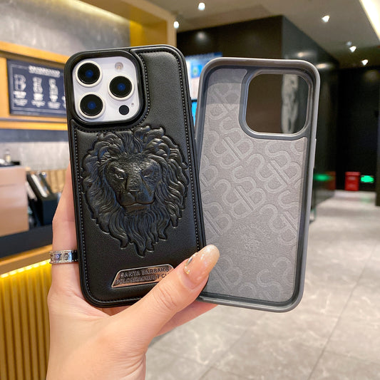 Apple iPhone Pro series Branded Premium Lion Face Leather Back Case - Black