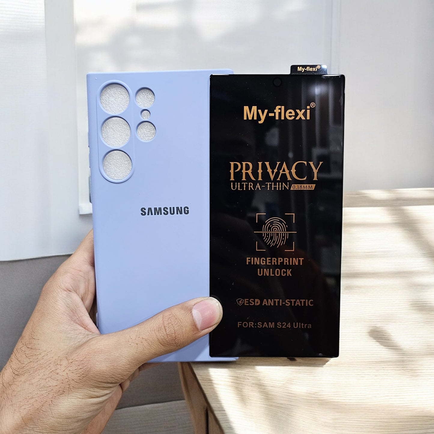 (combo pack)Samsung S24 Ultra Soft Silicone Case + Privacy Tempered Glass - Blue2