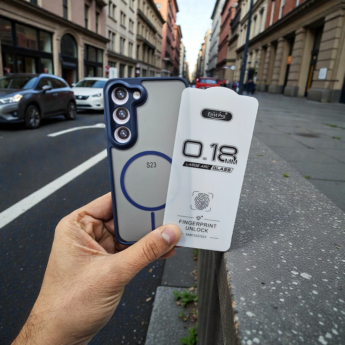 (Combo Pack)Samsung S23 5G Magsafe Printed Case + Border Less Tempered Glass - Blue