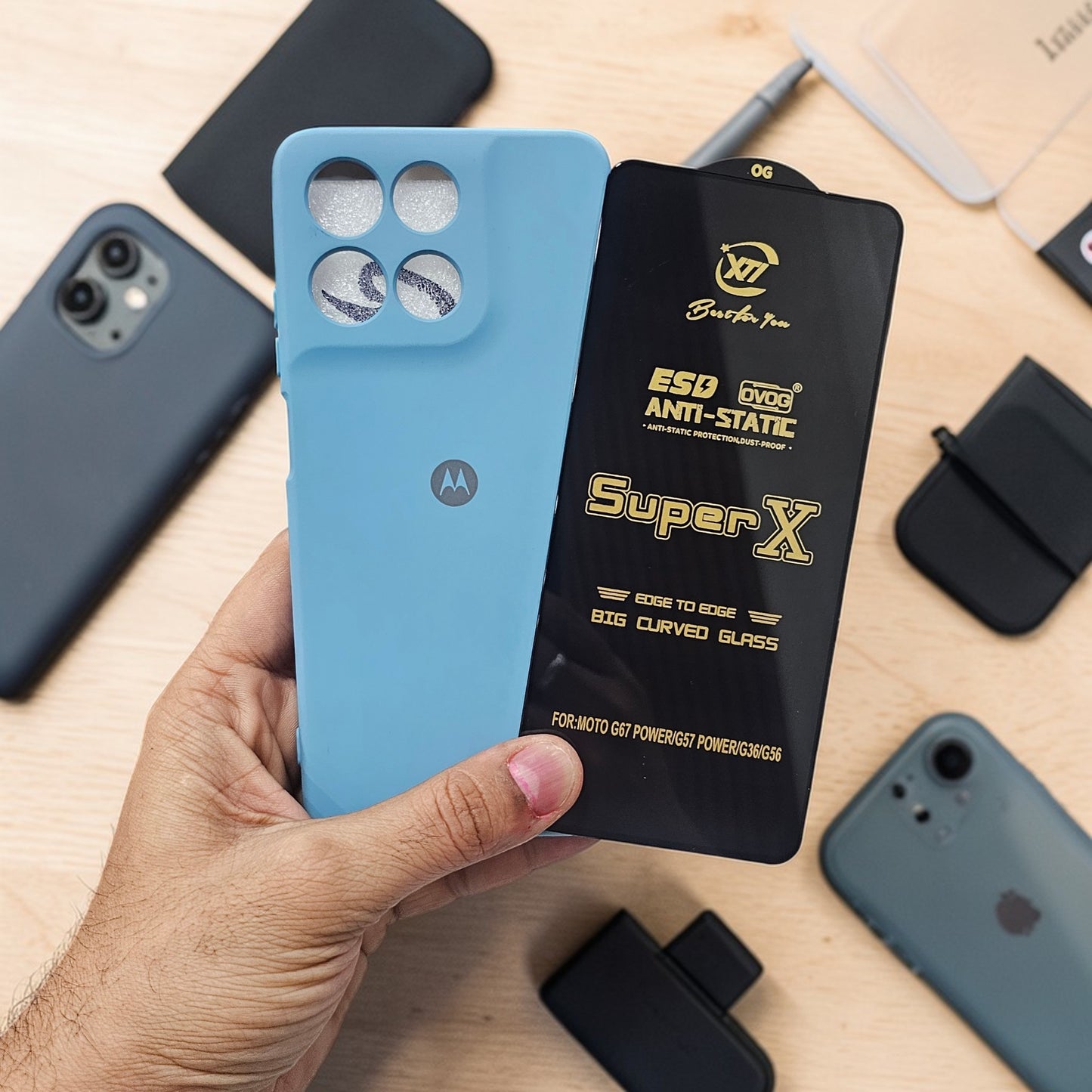 (combo pack)Motorola Moto G57 Power/G67 Power Soft Silicone Case Edge to Edge Tempered Glass - Sky Blue