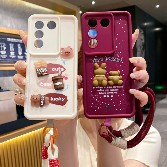 Vivo V27 / V27 Pro 5G Teddy Bear Soft Silicone Lanyard Back Cover Case - Lanyard 3