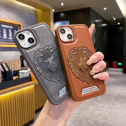 Apple iPhone Branded Premium Lion Face Leather Back Case - Grey