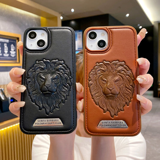 Apple iPhone Branded Premium Lion Face Leather Back Case - Black