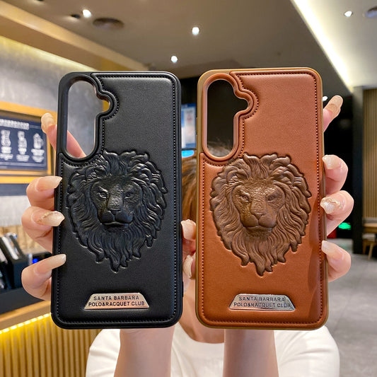 Samsung S24 FE 5G Branded Premium Lion Face Leather Back Case - Black