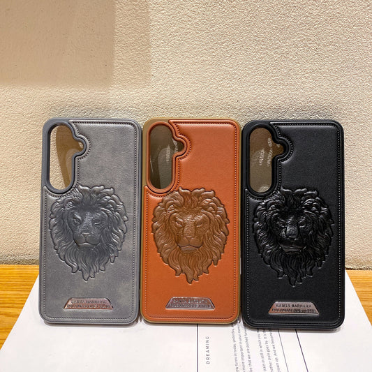 Samsung S24 5G Branded Premium Lion Face Leather Back Case - Grey
