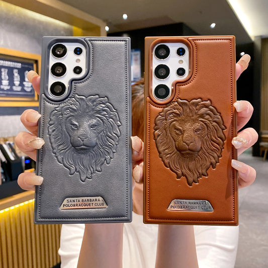 Samsung S24 Ultra 5G Branded Premium Lion Face Leather Back Case - Brown