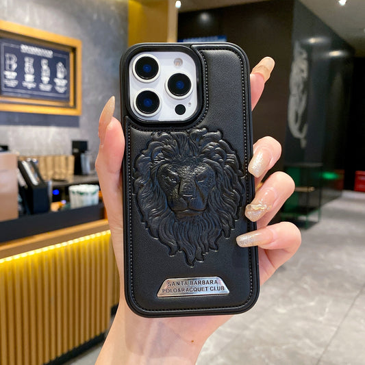 Apple iPhone Pro series Branded Premium Lion Face Leather Back Case - Black