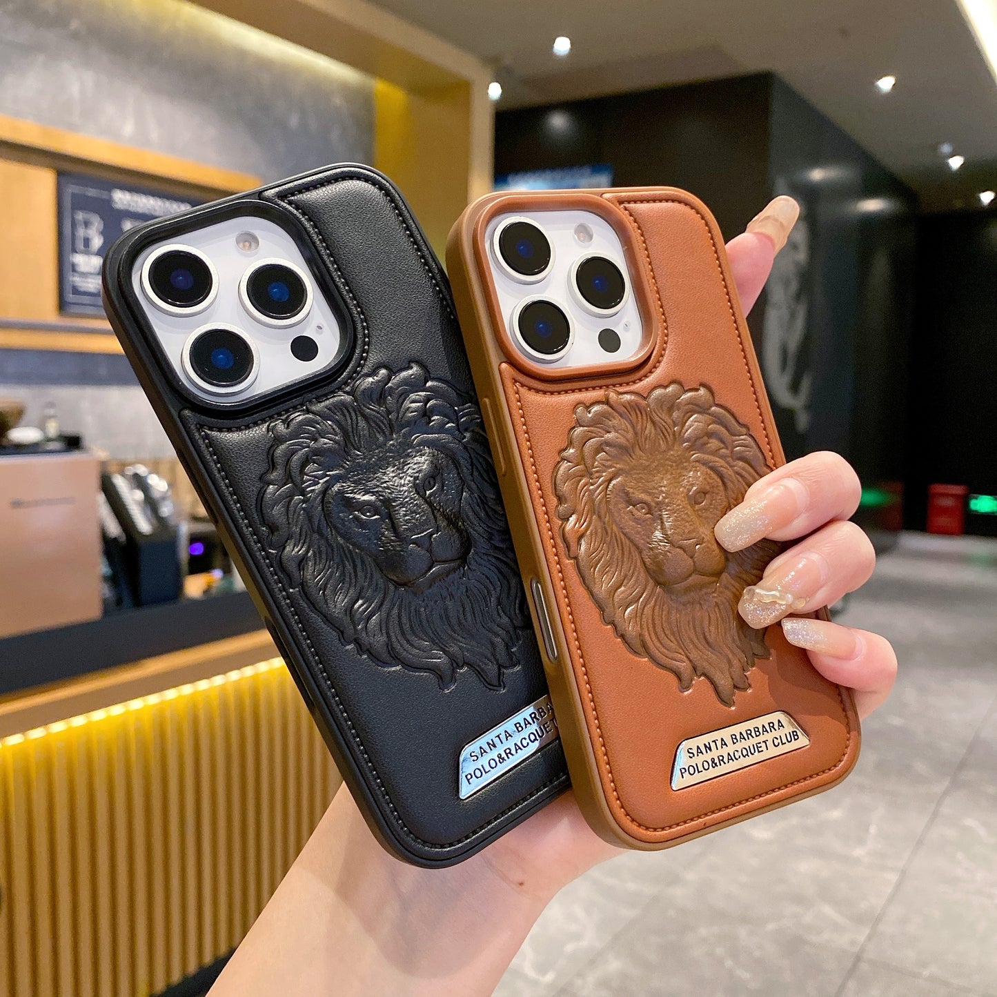 Apple iPhone Pro series Branded Premium Lion Face Leather Back Case - Black