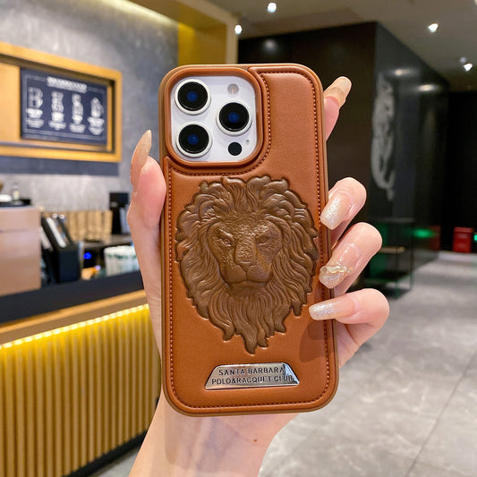 Apple iPhone Pro series Branded Premium Lion Face Leather Back Case - Brown