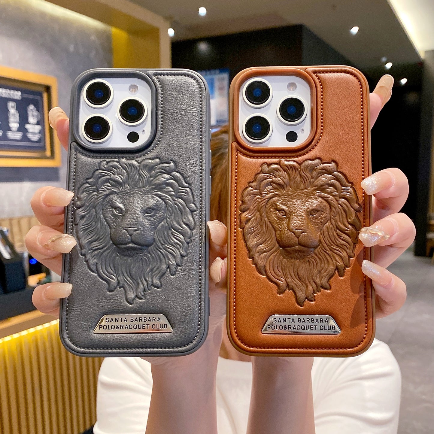 Apple iPhone Pro series Branded Premium Lion Face Leather Back Case - Grey