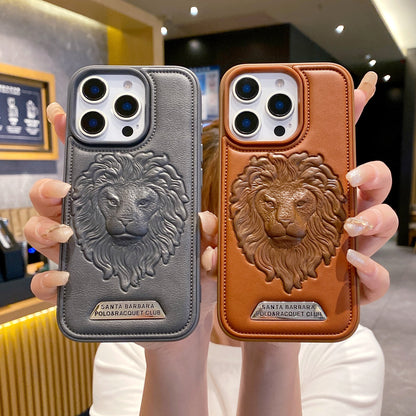 Apple iPhone Pro series Branded Premium Lion Face Leather Back Case - Brown
