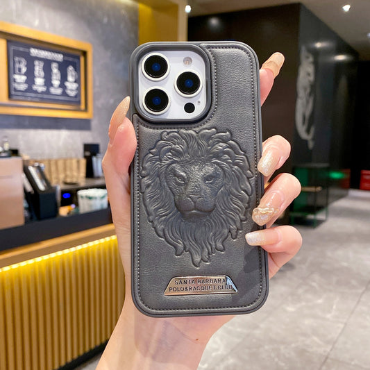 Apple iPhone Pro series Branded Premium Lion Face Leather Back Case - Grey