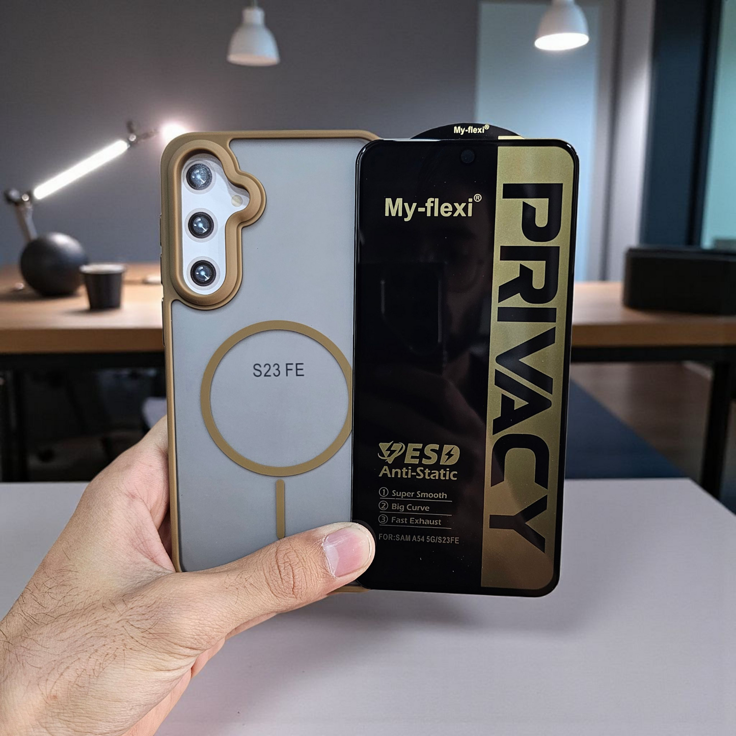 (combo pack)Samsung S23 Fe Magsafe Printed Case + Privacy Tempered Glass - Brown