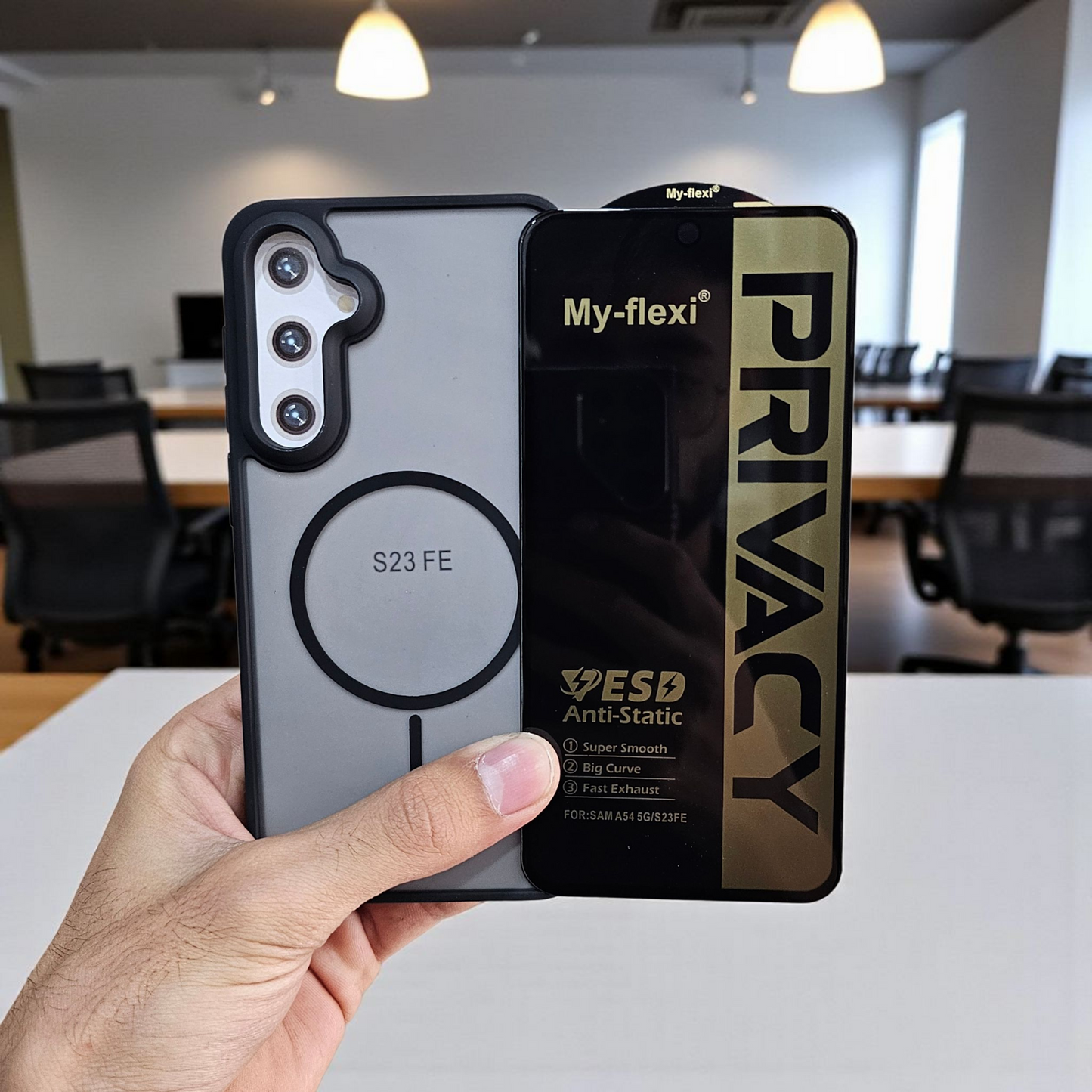 (combo pack)Samsung S23 Fe Magsafe Printed Case + Privacy Tempered Glass - Black