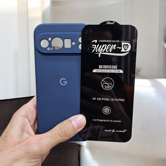(combo pack)Google Pixel 10 Soft Silicone Case + Fingerprint Tempered Glass - Blue