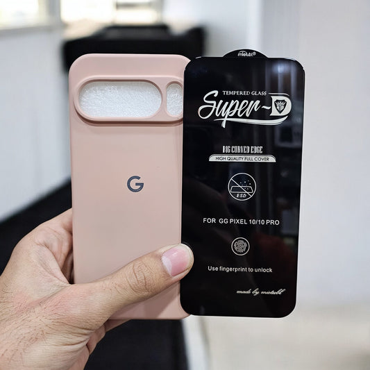 (combo pack)Google Pixel 10 Pro Soft Silicone Case + Fingerprint Tempered Glass - Peach