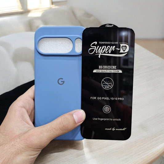 (combo pack)Google Pixel 10 Pro Soft Silicone Case + Fingerprint Tempered Glass - Blue2