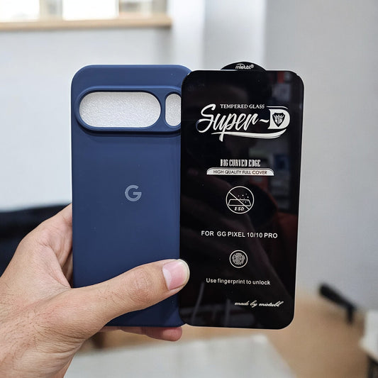(combo pack)Google Pixel 10 Pro Soft Silicone Case + Fingerprint Tempered Glass - Blue