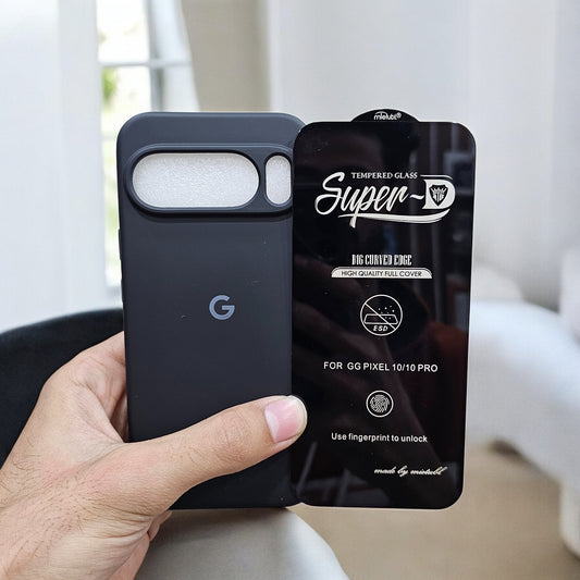 (combo pack)Google Pixel 10 Pro Soft Silicone Case + Fingerprint Tempered Glass - Black