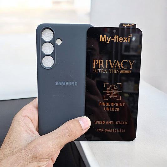 (combo pack)Samsung S24 Soft Silicone Case + Privacy Tempered Glass - Dark Green