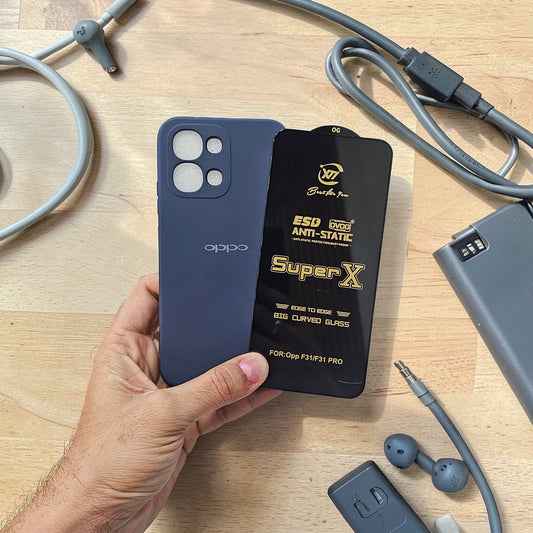 (combo pack)Oppo F31 Soft Silicone Case + Edge to Edge Tempered Glass - Dark Blue