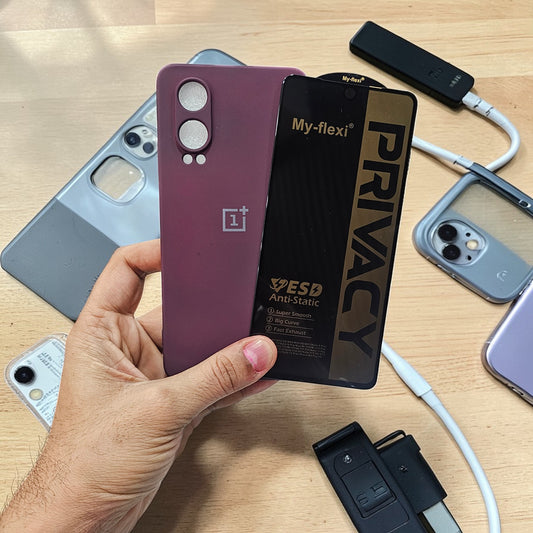 (combo pack)OnePlus Nord Ce 4 Lite Soft Silicone Case + Anti-Spy Privacy Tempered Glass - Wine Red
