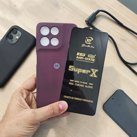 (combo pack)Motorola Moto G57 Power/G67 Power Soft Silicone Case Edge to Edge Tempered Glass - Wine Red