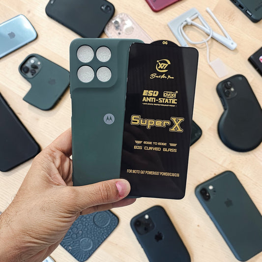 (combo pack)Motorola Moto G57 Power/G67 Power Soft Silicone Case Edge to Edge Tempered Glass - Dark Green