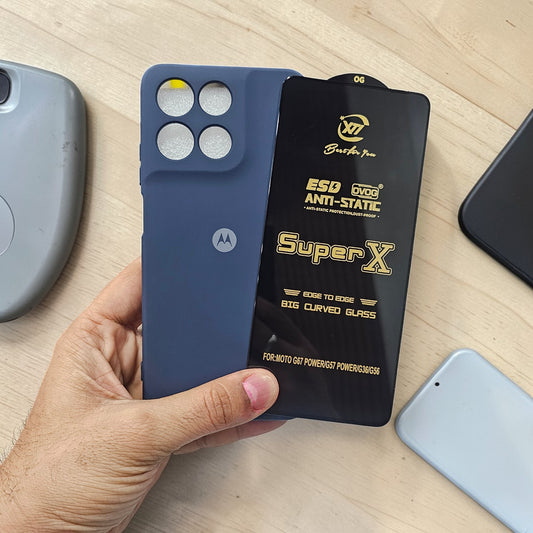 (combo pack)Motorola Moto G57 Power/G67 Power Soft Silicone Case Edge to Edge Tempered Glass - Dark Blue