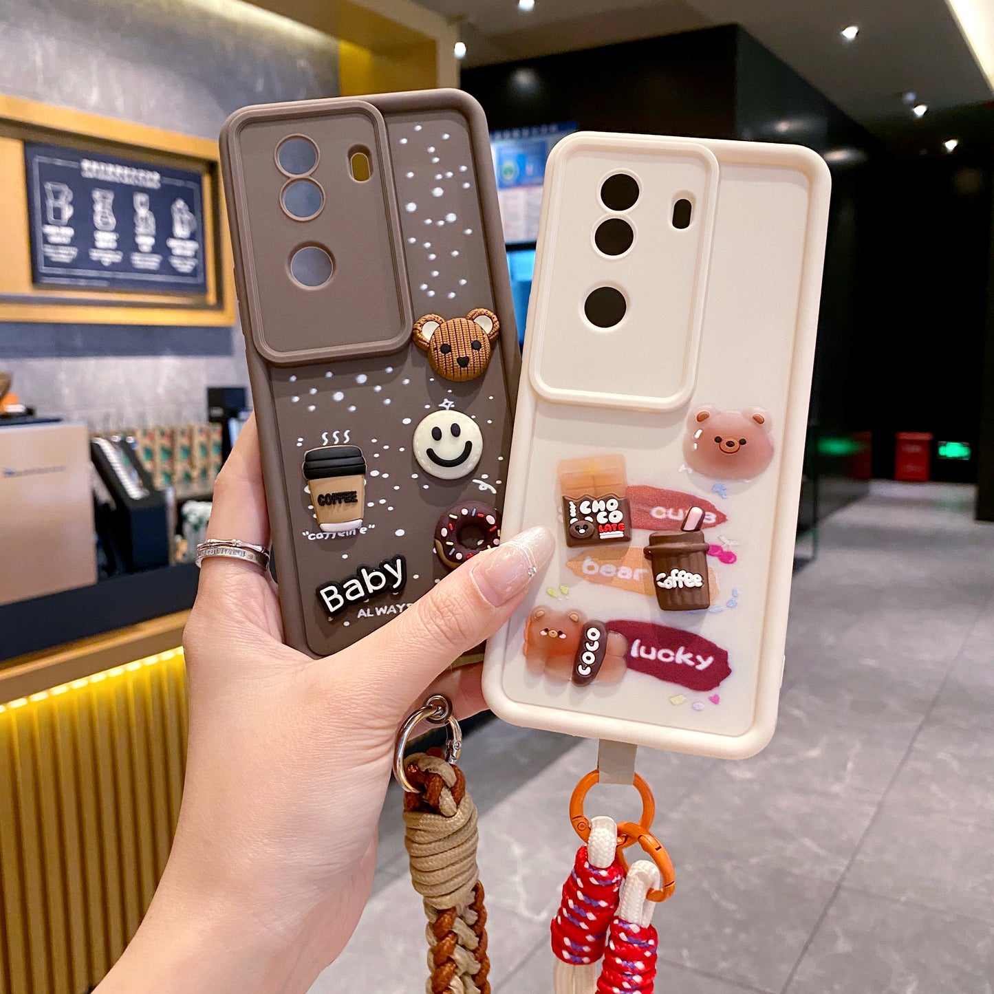 Vivo V40e/iQoo Z9s 5G Coffee Soft Silicone Lanyard Back Cover Case - Lanyard 2