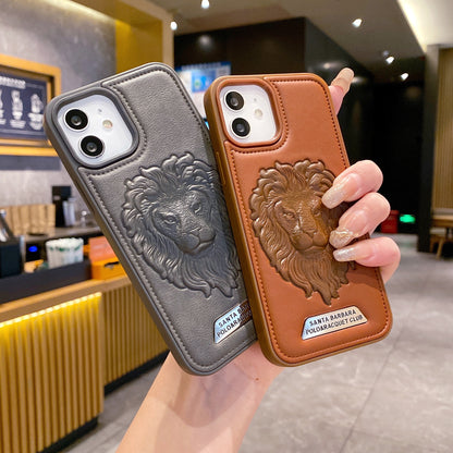 Apple iPhone 12/12 Pro Branded Premium Lion Face Leather Back Case - Grey
