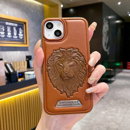 Apple iPhone Branded Premium Lion Face Leather Back Case - Brown