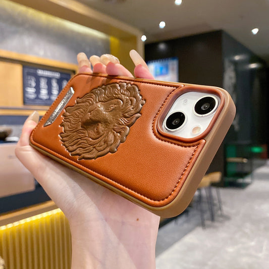 Apple iPhone Branded Premium Lion Face Leather Back Case - Brown