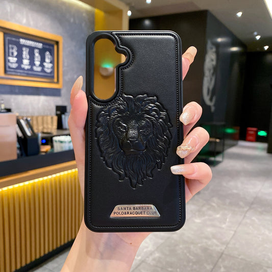 Samsung S24 FE 5G Branded Premium Lion Face Leather Back Case - Black