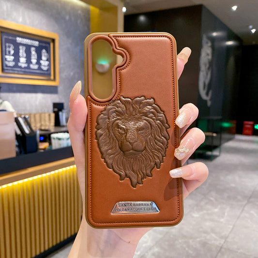 Samsung S24 5G Branded Premium Lion Face Leather Back Case - Brown