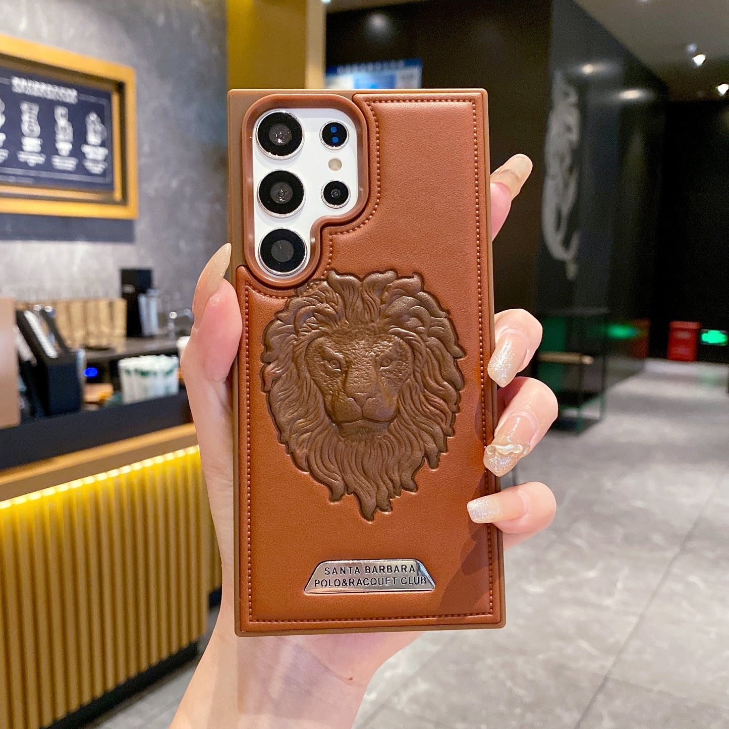 Samsung S24 Ultra 5G Branded Premium Lion Face Leather Back Case - Brown