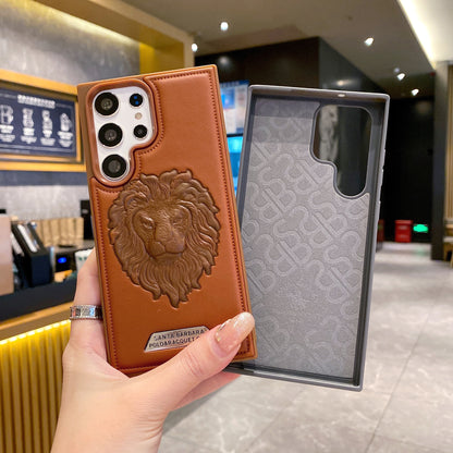 Samsung S24 Ultra 5G Branded Premium Lion Face Leather Back Case - Brown
